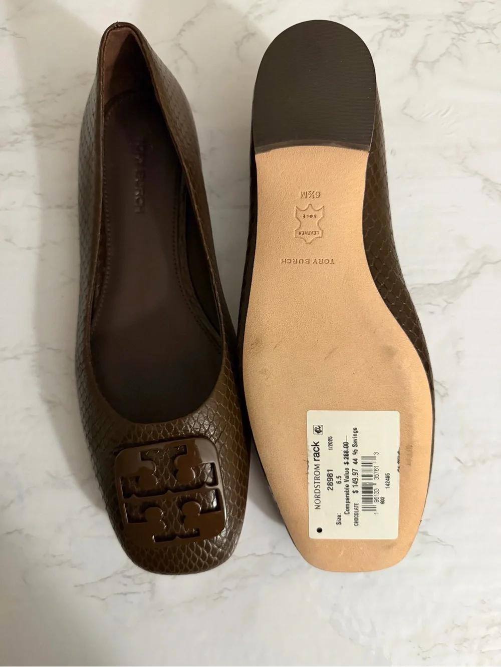 Tory Burch Brown Snake-Texture Logo Ballet Flats